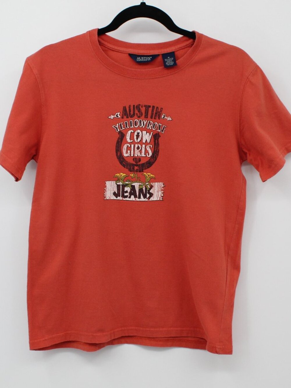 AUSTIN COWGIRLS JEANS VIBRANT ORANGE GRAPHIC TSHIRT SZ MED TEXAS RODEO WESTERN